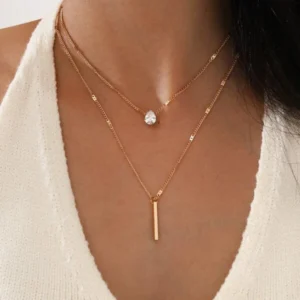 2 PEÇAS / CONJUNTO COLAR STRASS PINGO D'ÁGUA & RETÂNGULO