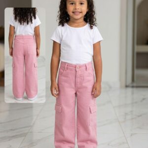 Calça jeans infantil rosa no modelo wide leg / cargo.
